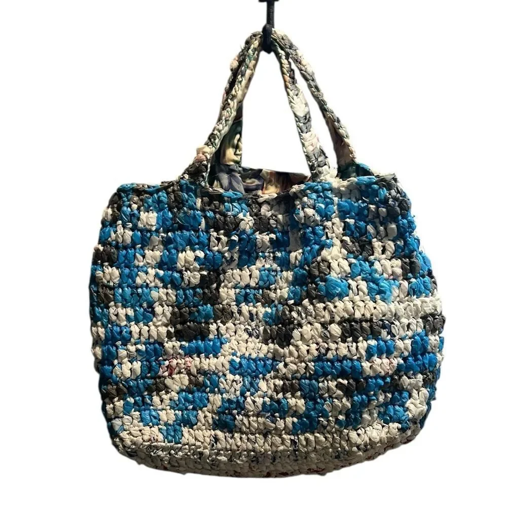 Handmade Crochet Recycled Plastic Bag Tote Blue Gray Eco-Friendly Market Bag